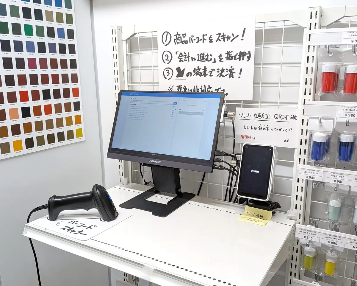 The in-shop self-checkout: monitor, barcode scanner and payment terminal